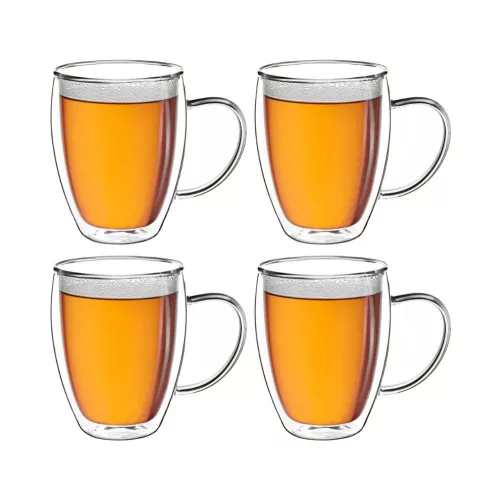 Set 4 cani termice Creano cu maner, 250 ml, sticla borosilicata, perete dublu