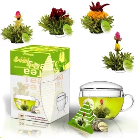   Set cadou ceai infloritor Creano Teelini, cana sticla 200 ml cu capac, 8 plicuri ceai verde