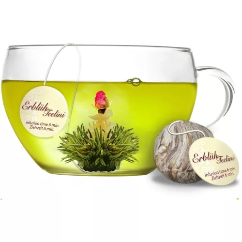 Set cadou ceai infloritor Creano Teelini, cana sticla 200 ml cu capac, 8 plicuri ceai verde