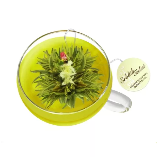 Set cadou ceai infloritor Creano Teelini, cana sticla 200 ml cu capac, 8 plicuri ceai verde