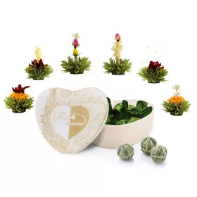   Set cadou Creano ErbluhTee, cutie in forma de inima si 6 bile de ceai infloritor din ceai verde, 6 varietati fructate