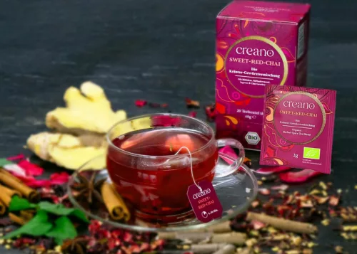 Ceai Bio Creano Chai Rosu Dulce, 20 plicuri, hibiscus si condimente, gust fructat-picant