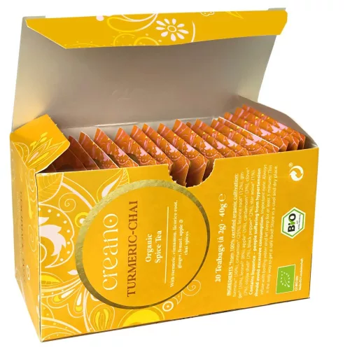 Ceai Bio Creano Chai cu Curcuma, 20 plicuri, condimentat, cu ghimbir, aroma calda