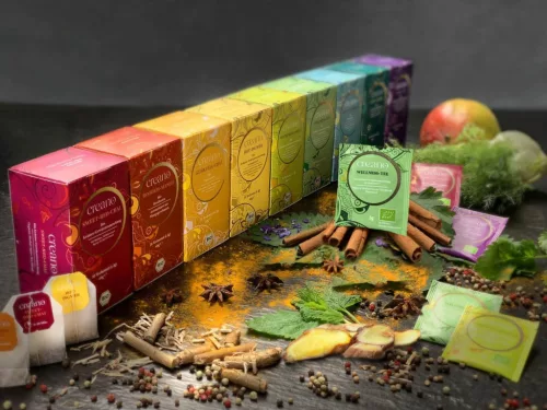 Ceai bio Creano Wellness Tea, ceai verde cu plante, aroma grapefruit, set 20 plicuri