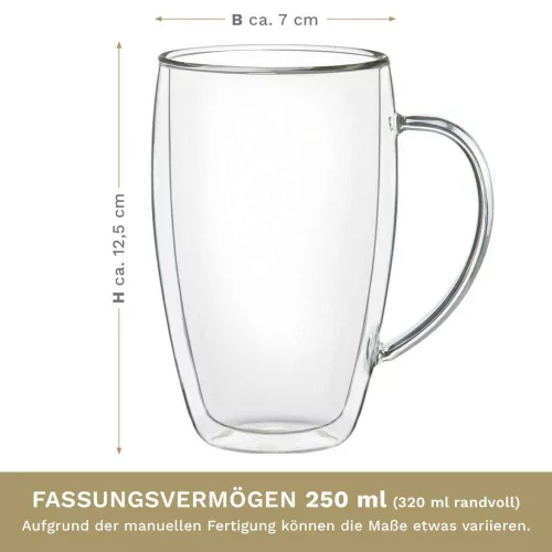 Set 4 cani termice Creano DG-SHH, 250 ml, sticla borosilicata, perete dublu, cu maner