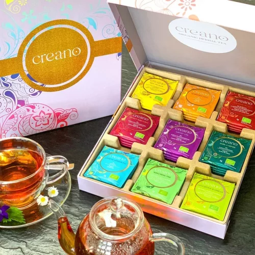 Set Cadou Ceai Bio Creano, 45 plicuri, 9 sortimente, mix plante, fructe si condimente, 90 g, 25x27, 7x4, 5 cm