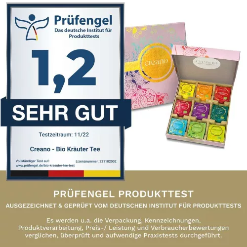 Set Cadou Ceai Bio Creano, 45 plicuri, 9 sortimente, mix plante, fructe si condimente, 90 g, 25x27, 7x4, 5 cm