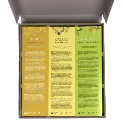 Set Cadou Ceai Bio Creano, 45 plicuri, 9 sortimente, mix plante, fructe si condimente, 90 g, 25x27, 7x4, 5 cm