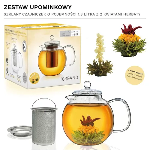 Ceainic din sticla Creano, 1,3 L, cu infuzor din inox, capac si 2 flori de ceai