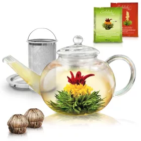   Ceainic din sticla Creano, 1,2 L, cu infuzor din inox, capac si 2 flori de ceai