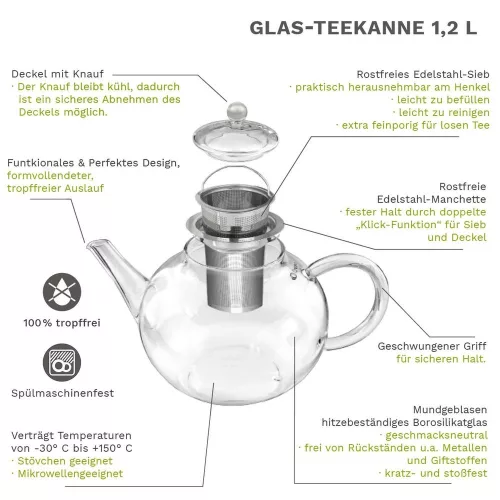 Ceainic din sticla Creano, 1,2 L, cu infuzor din inox, capac si 2 flori de ceai
