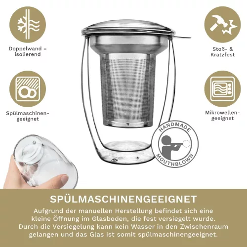 Pahar termic pentru ceai Creano, 400 ml, perete dublu, cu infuzor din inox si capac