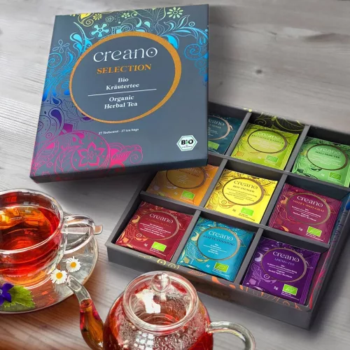 Set cadou ceai bio Creano Organic Herbal Tea, 27 plicuri, 9 sortimente, plante, fructe, condimente