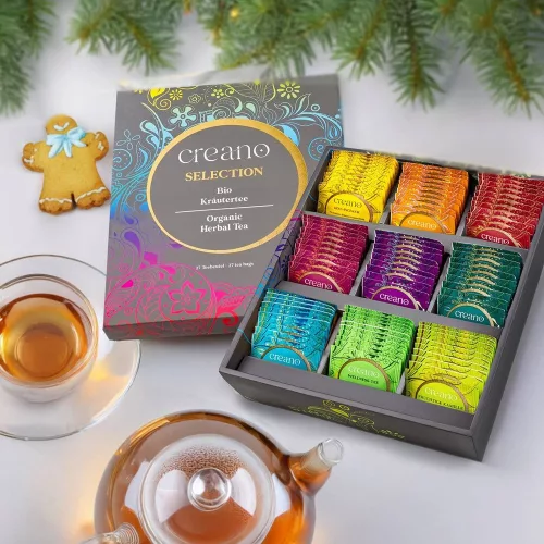 Set cadou ceai bio Creano Selection Box, 90 plicuri, 9 sortimente, fara cofeina, 27,5x23x7,8cm