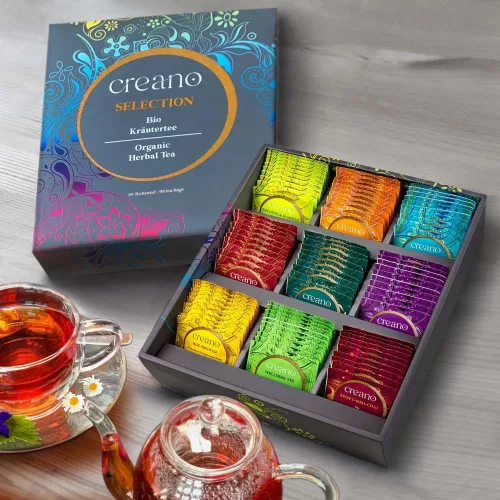Set cadou ceai bio Creano Selection Box, 90 plicuri, 9 sortimente, fara cofeina, 27,5x23x7,8cm