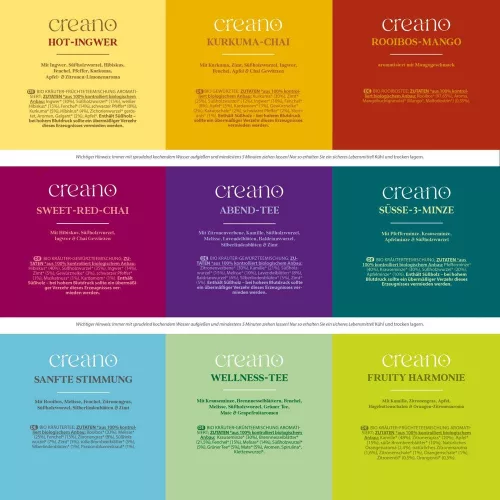 Set cadou ceai bio Creano Selection Box, 90 plicuri, 9 sortimente, fara cofeina, 27,5x23x7,8cm