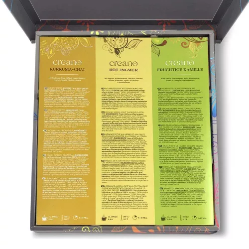 Set cadou ceai bio Creano Selection Box, 90 plicuri, 9 sortimente, fara cofeina, 27,5x23x7,8cm