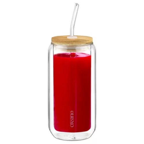 Set 2 pahare Creano, 360 ml, perete dublu, cu capac din bambus si pai, pentru smoothie si bubble tea