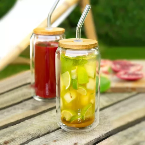 Set 4 pahare Creano, 360 ml, perete dublu, cu capac din bambus si pai, pentru smoothie si bubble tea
