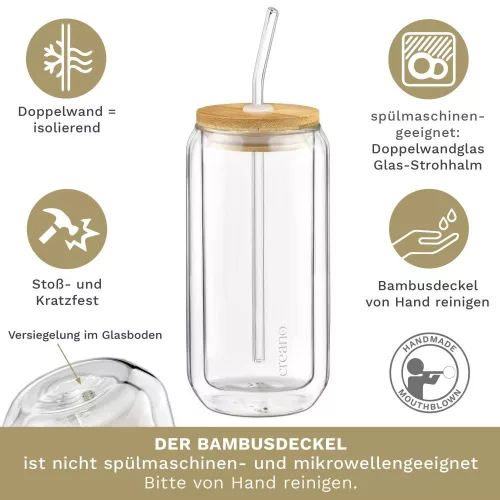 Set 4 pahare Creano, 360 ml, perete dublu, cu capac din bambus si pai, pentru smoothie si bubble tea