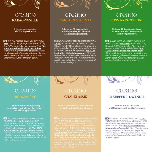Set Cadou Ceai Bio Creano, 48 plicuri, 6 sortimente, ceai verde/negru/alb/oolong, cu cofeina, 96 g