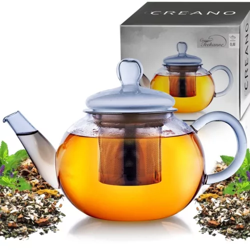 Ceainic din sticla Creano All-in-One, 0,8 L, cu infuzor din inox si capac, anti-picurare