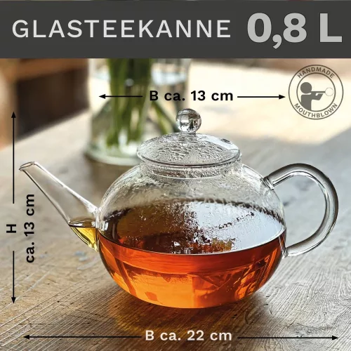 Ceainic din sticla Creano All-in-One, 0,8 L, cu infuzor din inox si capac, anti-picurare