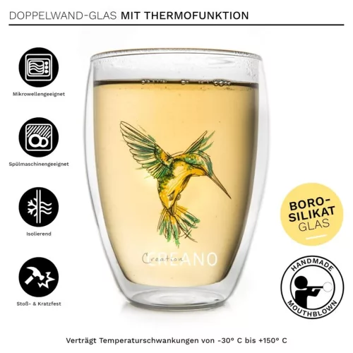 Pahar termic Creano Hummi, 250 ml, sticla borosilicata, perete dublu, decor colibri verde