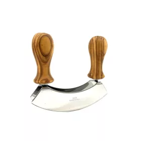   Cutit mezzaluna pentru tocat, manere din lemn de maslin, lama dubla din inox, latime 13 cm