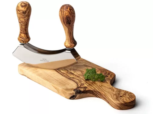 Cutit mezzaluna pentru tocat, manere din lemn de maslin, lama dubla din inox, latime 13 cm
