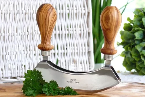 Cutit mezzaluna pentru tocat, manere din lemn de maslin, lama dubla din inox, latime 13 cm