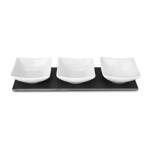 Set servire Rominox Tre Ardesia, 3 boluri ceramica, placa ardezie, aperitive si sosuri