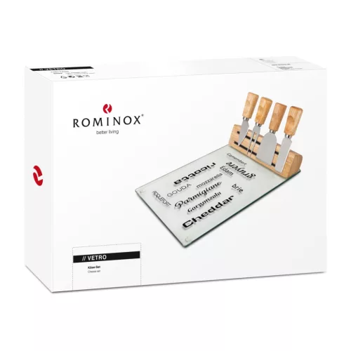 Set branzeturi Rominox Vetro, placa sticla, 4 ustensile inox, suport magnetic, 30 x 20 cm