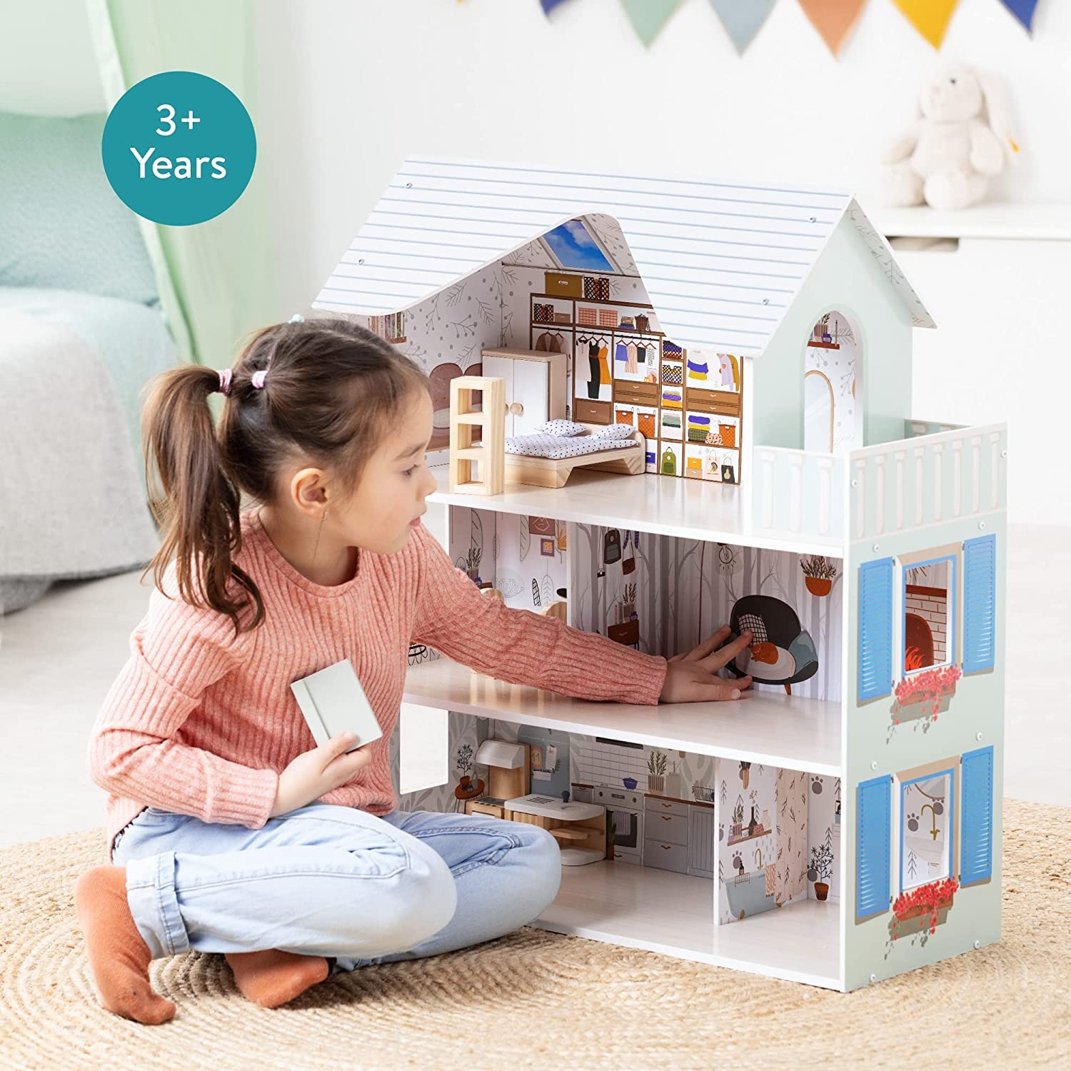 Casa de papusi din lemn Navaris, cu 3 etaje, cu mobilier si accesorii, 5 camere si balcon, 69.5x62x27 cm