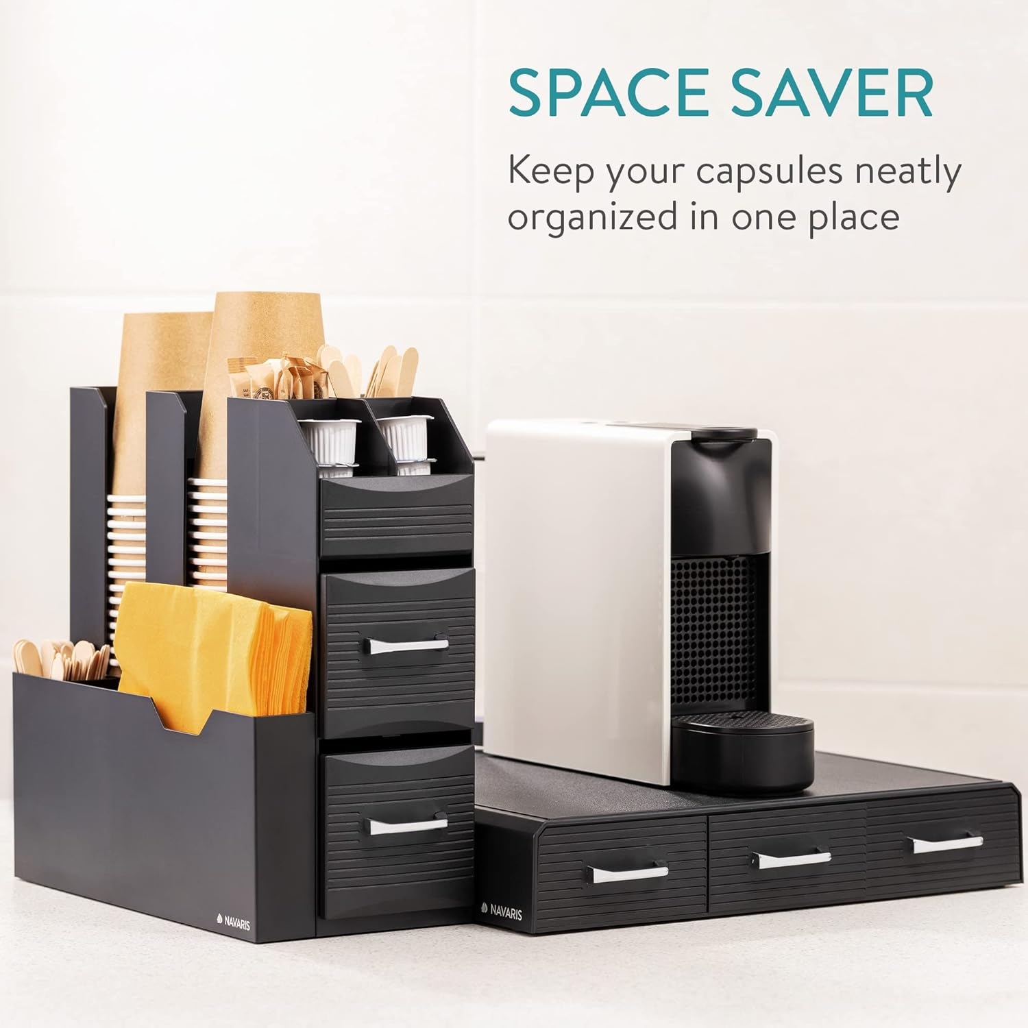 Set suport aparat cafea, 3 sertare pentru 48 capsule Nespresso si organizator 2 sertare pentru consumabile, negru