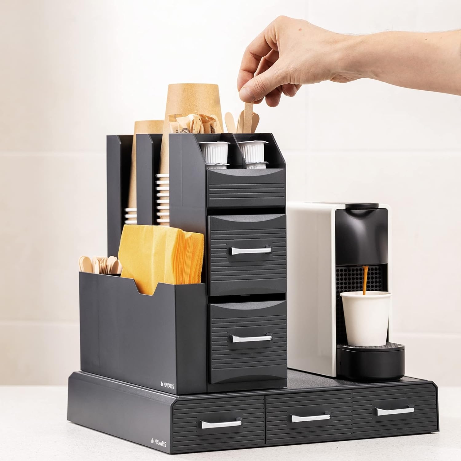 Set suport aparat cafea, 3 sertare pentru 48 capsule Nespresso si organizator 2 sertare pentru consumabile, negru